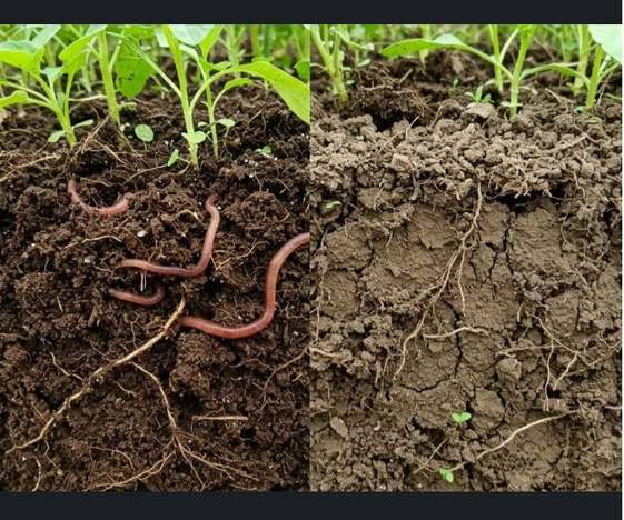 Healthy soil full of earthworms beside poor soil